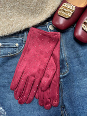 Wine Diamante Velour Gloves