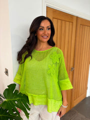 Lime Distressed Trim Net Top Shirley