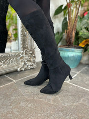 Black Faux Suede Pointed Knee High Boots