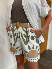 Khaki Coastal Print Belted Shorts