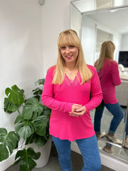 Lipstick Ribbed Long Sleeve Lace V Neck Erin