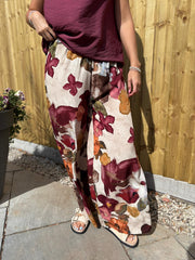 Wine Floral Brushwork Print Trousers