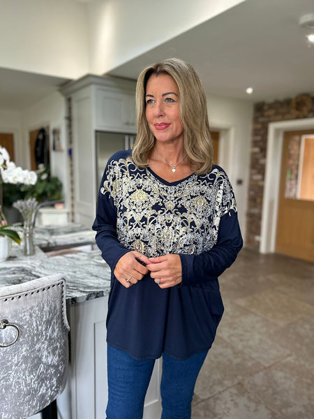 Oatmeal And Navy Elegant Top