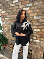 Black Embellished Floral Applique Blouse Misty