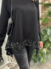 Black Sequin Dipped Hem Sweat Top Lola
