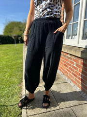 Black Bubble Cotton Barrel Leg Trousers