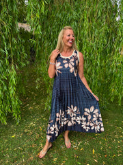 Navy Pleated Floral Stripe Dress Leona