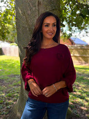 Wine Applique Ruffle Sleeve Knit Crystal