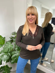 Chocolate Ribbed Long Sleeve Lace V Neck Erin