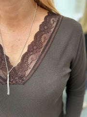Chocolate Ribbed Long Sleeve Lace V Neck Erin