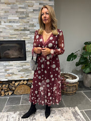 Wine Polka Dot Belted Mesh Dress Alana