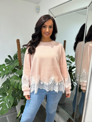 Pink Striped Lace Hem Top Adelaide