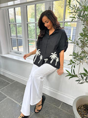 Black Tropical Palm Embroidered Blouse Anya