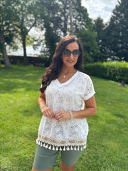 White Floral Lace Tassel Hem Top Gabby