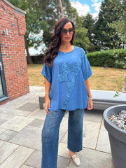Denim Embroidered Floral Top Frankie