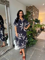 Navy Leaf Pattern Shirt Dress Savana