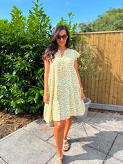Yellow Bubble Cotton Leopard Dress Crystal