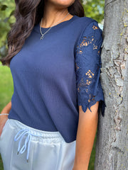 Navy Lace Sleeve Fine Knit Becca