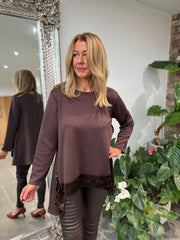Chocolate Sequin Dipped Hem Sweat Top Lola