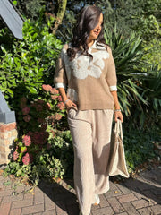 Camel Luxury Collared Floral Knit Eve