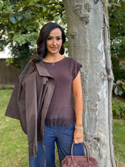 Chocolate Fringed Knit Vest Amara