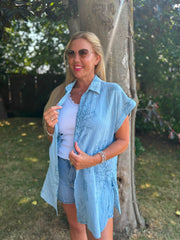 Denim Blue Coral Print Blouse Stacey