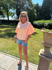 Neon Orange Puff Sleeve Striped Top Erin