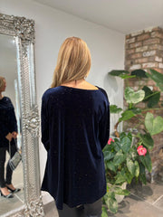 Navy Velour Cowl Neck Sparkle Top Olivia