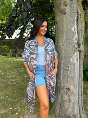 Mocha Tropical Leaf Shirt Dress Athena