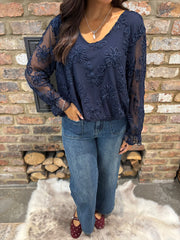 Navy Textured Floral Mesh Top Imogen