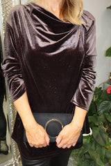 Chocolate Velour Cowl Neck Sparkle Top Olivia