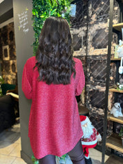 Wine Button Sleeve Shimmer Top Stevie