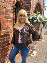 Chocolate Tie Front Crochet Cardi Lottie