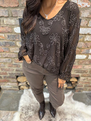 Chocolate Textured Floral Mesh Top Imogen
