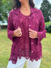 Wine Textured Lace Hem Shirt Dina