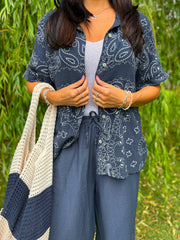 Navy Bubble Cotton Paisley Short Sleeve Shirt Jackie