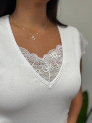 White Ribbed Lace Detail Top Amelia