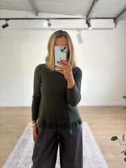 Khaki Long Sleeve Fringed Knit Amara