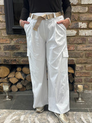 White Wide Leg Pull On Cargo Trousers
