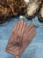 Chocolate Diamante Velour Gloves