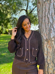 Chocolate Boucle Braid Knit Cardi Florence