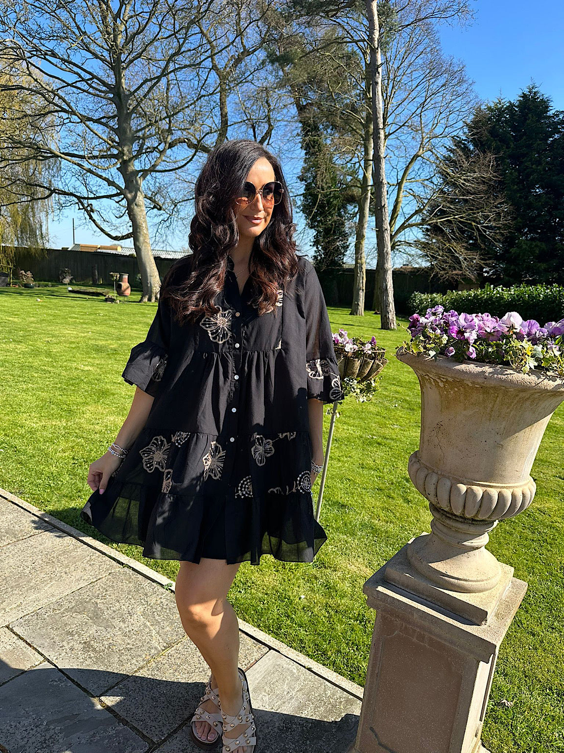Black Floral Embroidered Shirt Dress Esme