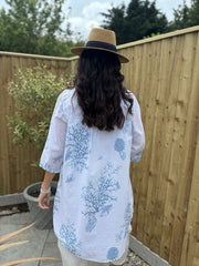 Blue Coral Print Longline Shirt Kelly