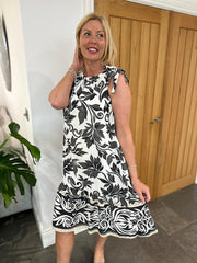 Black Leaf Print Tie Shoulder Dress Leigh