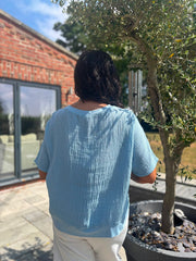 Blue Striped Textured Linen Top Anais