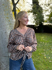 Chocolate Checked Drawstring Top Miranda
