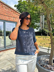 Navy Striped Textured Linen Top Anais