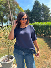 Navy Asymmetric Lace Trim Top Maria