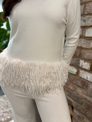 Winter White Premium Faux Feather Trouser Set Teya