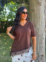Chocolate Asymmetric Lace Hem Top Wendy